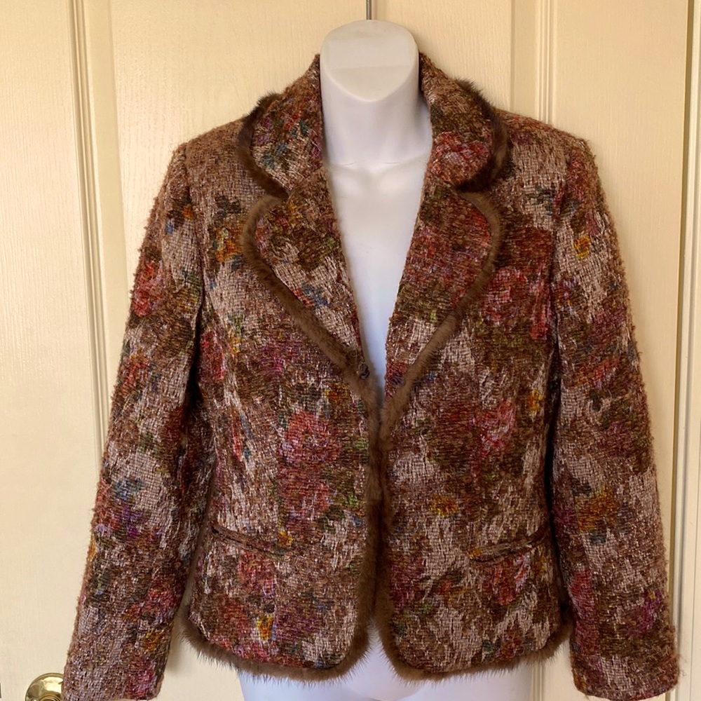 Real Mink- trimmed textured jacquard jacket in iridescent autumn colors hues
